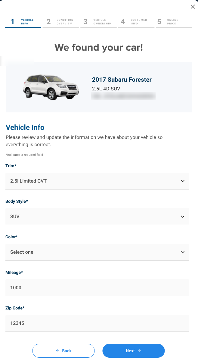 BidRev offer flow step one: 'We found your car!' with vehicle details and fields for trim, body style, color, mileage, and ZIP code