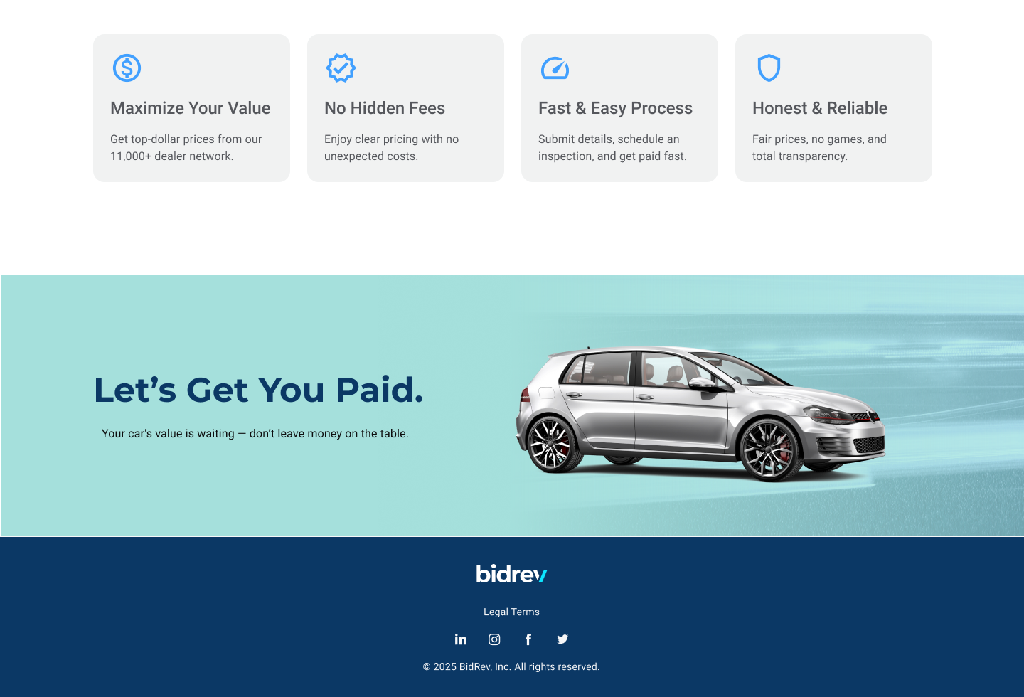 Value props: Maximize Your Value, No Hidden Fees, Fast and Easy Process, Honest and Reliable, and a closing call to action: Let's Get You Paid