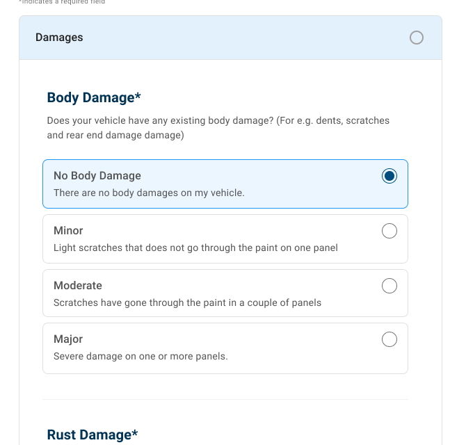 ClearCar condition survey: Body Damage question with No Body Damage, Minor, Moderate, and Major options, each with a one-line plain-language description