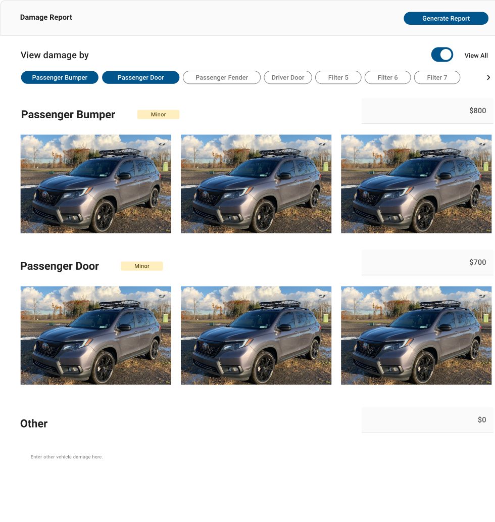 AI damage report showing photos of the passenger bumper and passenger door with minor damage and a repair estimate for each