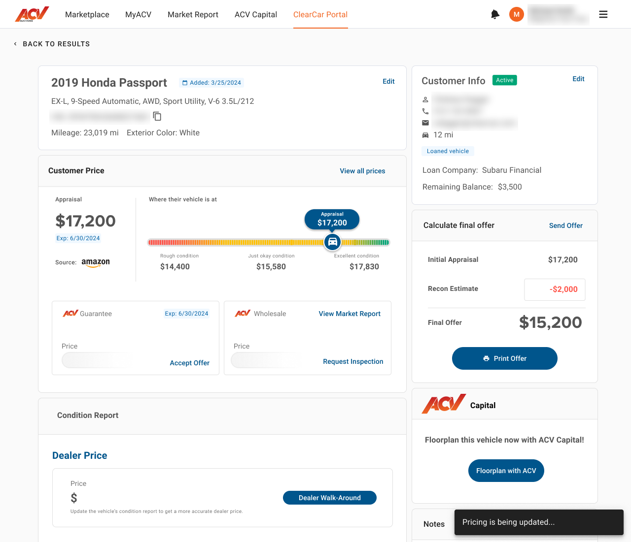 ClearCar dealer portal appraisal page: vehicle and customer details, the customer's price on a market bar, ACV Guarantee and Wholesale options, a final offer calculator, and ACV Capital floorplan financing
