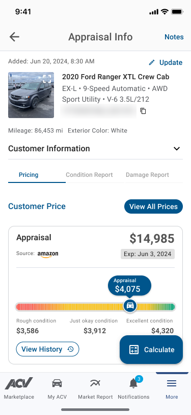 Mobile dealer portal: appraisal page with customer price and actions