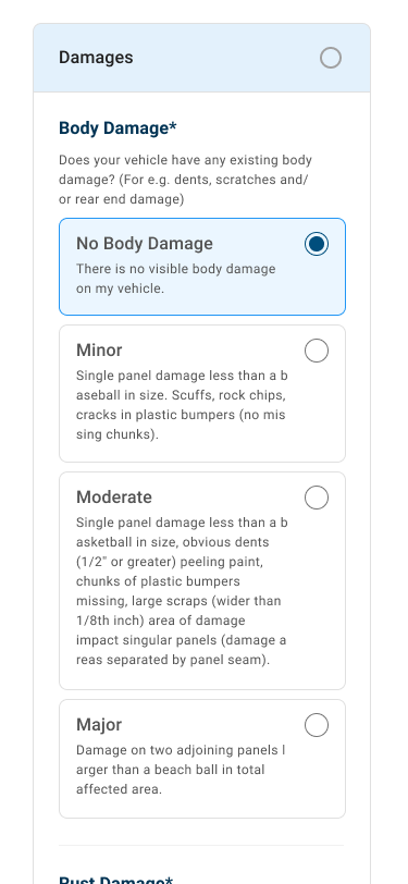 Mobile: body damage question with plain-language answers