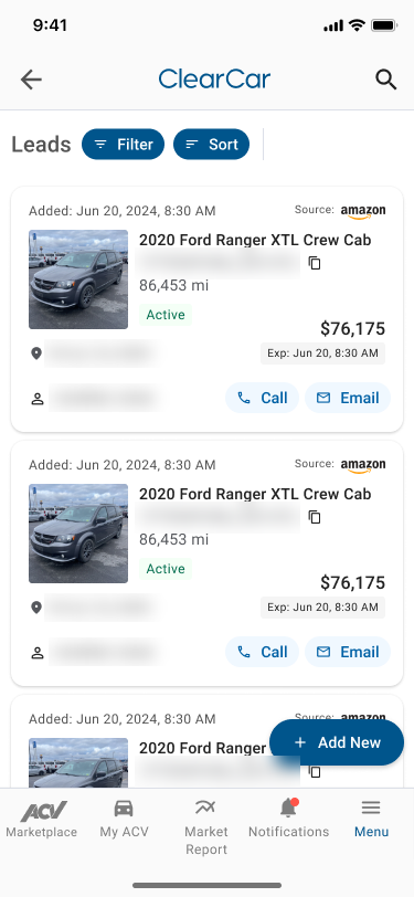 Mobile dealer portal: list of leads with price, status, and call and email buttons