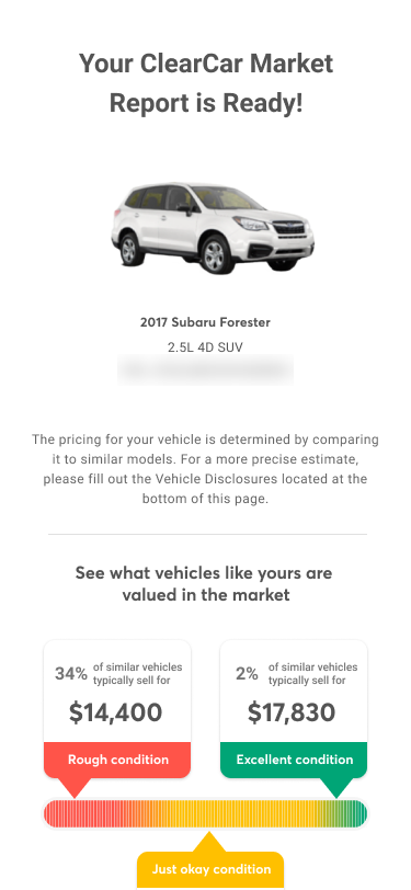Mobile: Your ClearCar Market Report is Ready, with market price ranges