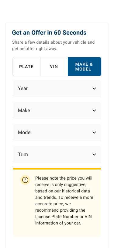 Mobile: Get an Offer in 60 Seconds, with plate, VIN, and make and model tabs