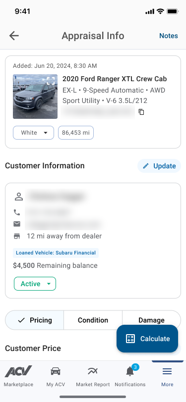 Mobile dealer portal: appraisal info with vehicle and customer details
