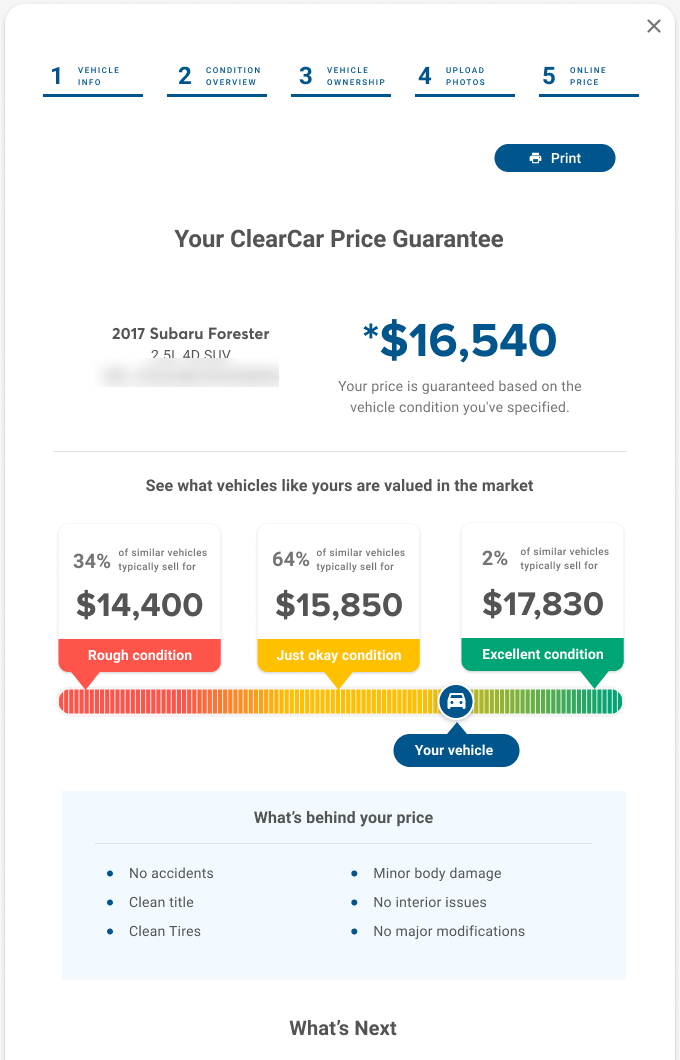 ClearCar price guarantee page: a guaranteed price of $16,540, a market bar showing rough, okay, and excellent condition prices with 'Your vehicle' marked, and a list of what's behind the price