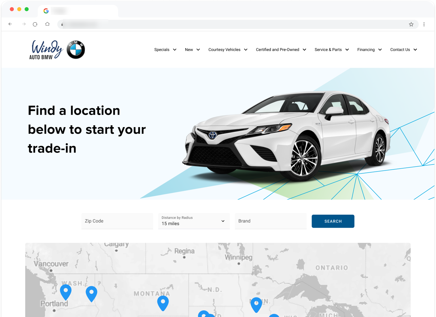 Dealer group website: 'Find a location below to start your trade-in' with ZIP code, radius, and brand search and a map of store locations