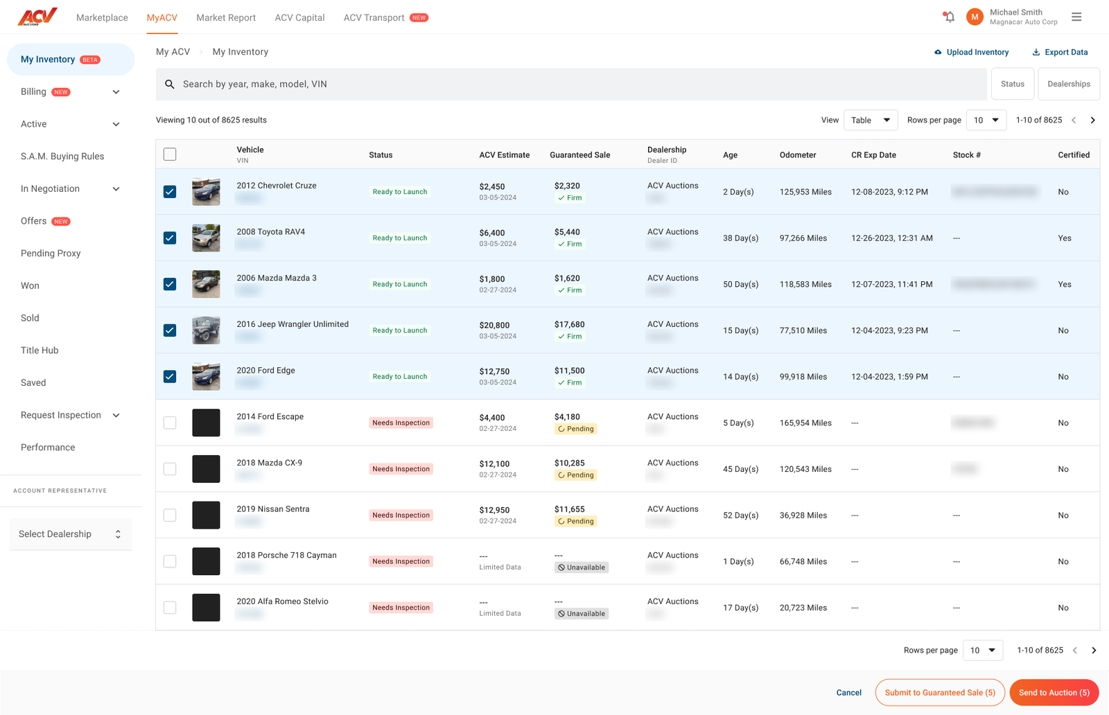 Final My Inventory design with five cars selected, each showing a firm guaranteed price, and buttons to submit to Guaranteed Sale or send to auction