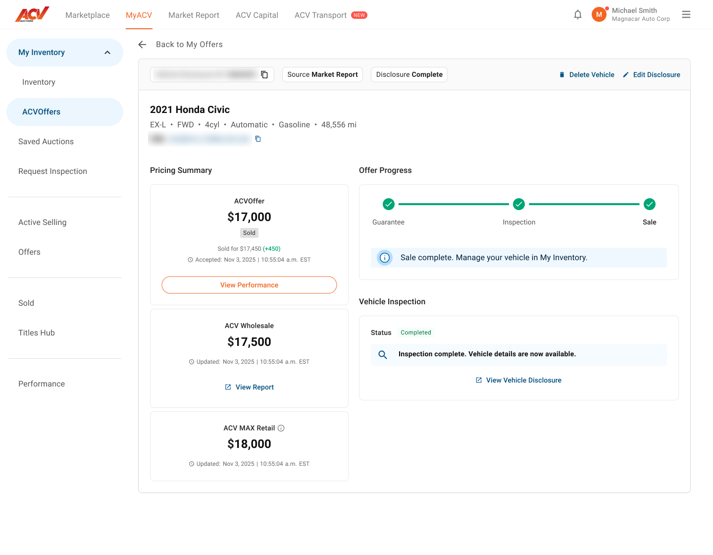 ACV Offers vehicle page after the sale: the offer marked Sold for $17,450, $450 above the offer, with all three progress steps complete