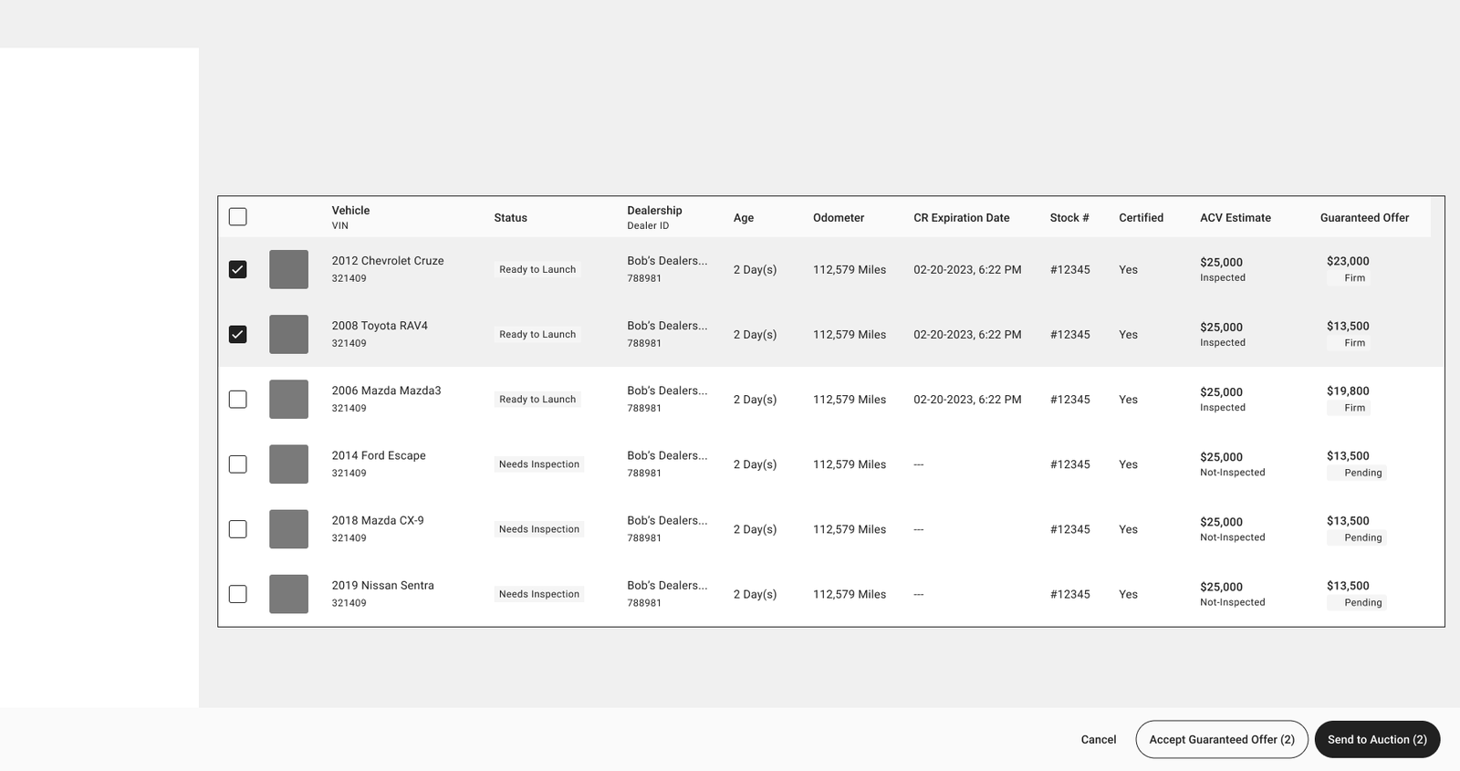 Low-fidelity wireframe of My Inventory with Accept Guaranteed Offer and Send to Auction actions