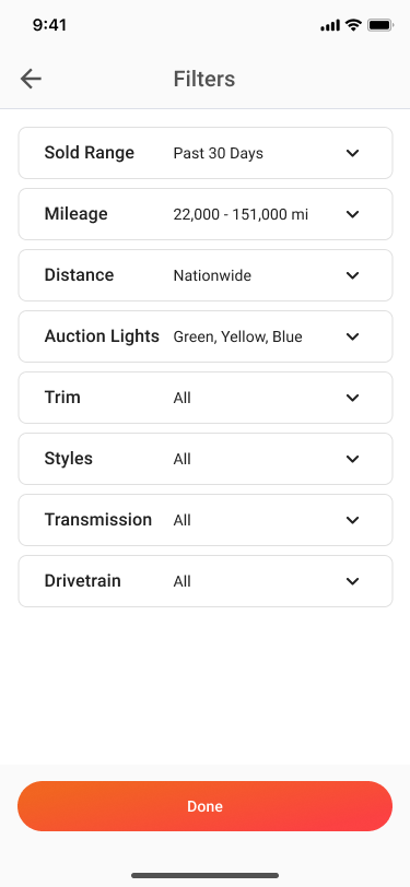 Filters screen showing each filter's current value: sold range past 30 days, mileage range, nationwide distance, and auction lights