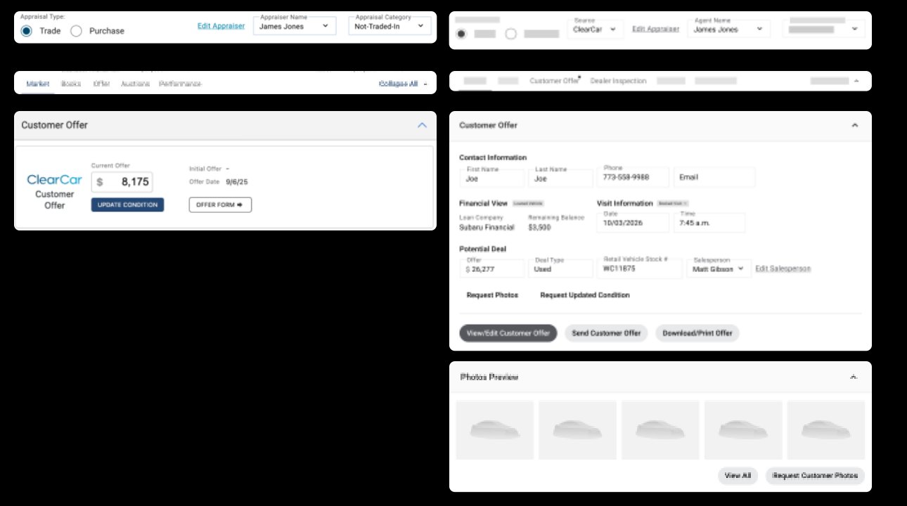 Comparison of the current production appraisal page and the updated wireframes, which add customer contact, financial details, visit information, photo requests, and a customer offer section