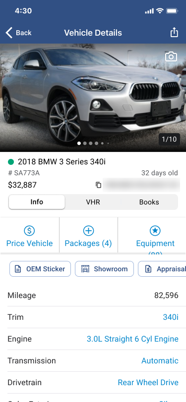 MAX mobile vehicle details page with price, VIN, and actions to price the vehicle, view packages, and equipment