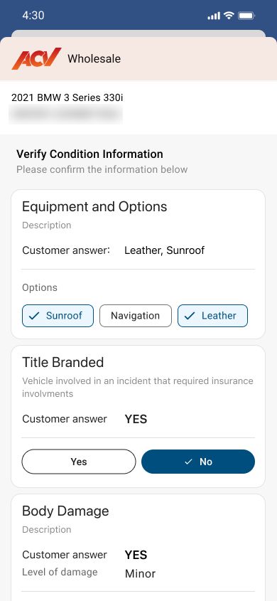 MAX mobile ACV Wholesale sheet asking the dealer to verify condition information against the customer's answers