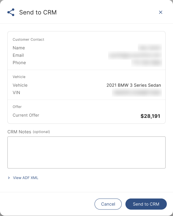 Send to CRM dialog summarizing customer contact, vehicle, and current offer, with optional CRM notes