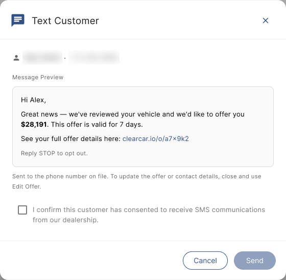 Text Customer dialog with a message preview of the offer and a required checkbox confirming the customer consented to text messages