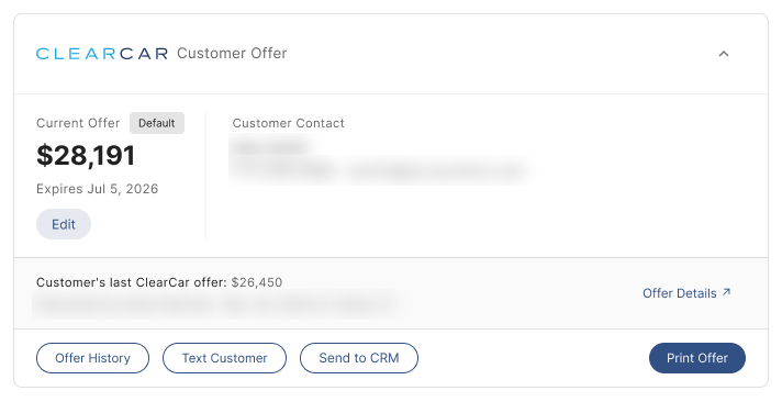 ClearCar customer offer card inside MAX: current offer $28,191 with expiration date, customer contact, last offer, and buttons for offer history, text customer, send to CRM, and print offer