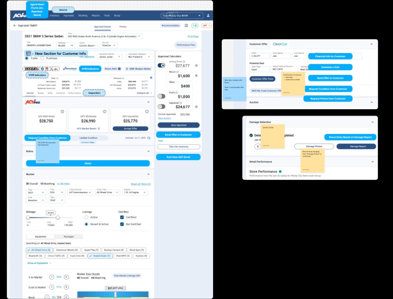 Annotated design of the unified MAX appraisal page with workshop notes marking a new customer info section and where ClearCar's customer offer, photo requests, and damage report fit